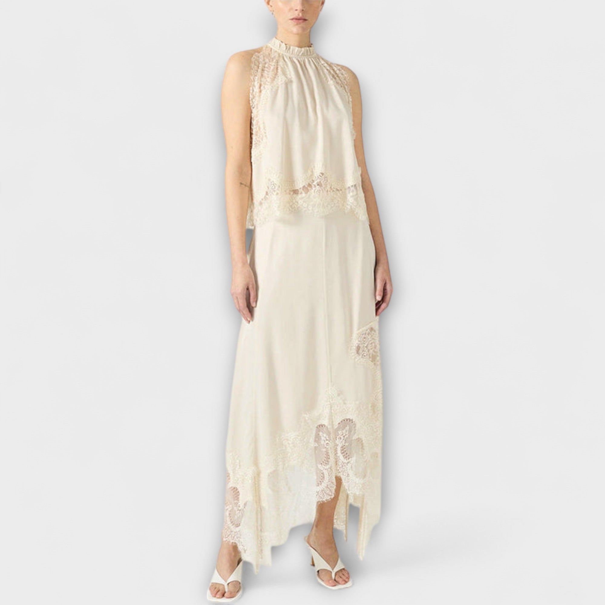 Kaia - Satin Blouse with Lace Trim and Pleated Neckline Set