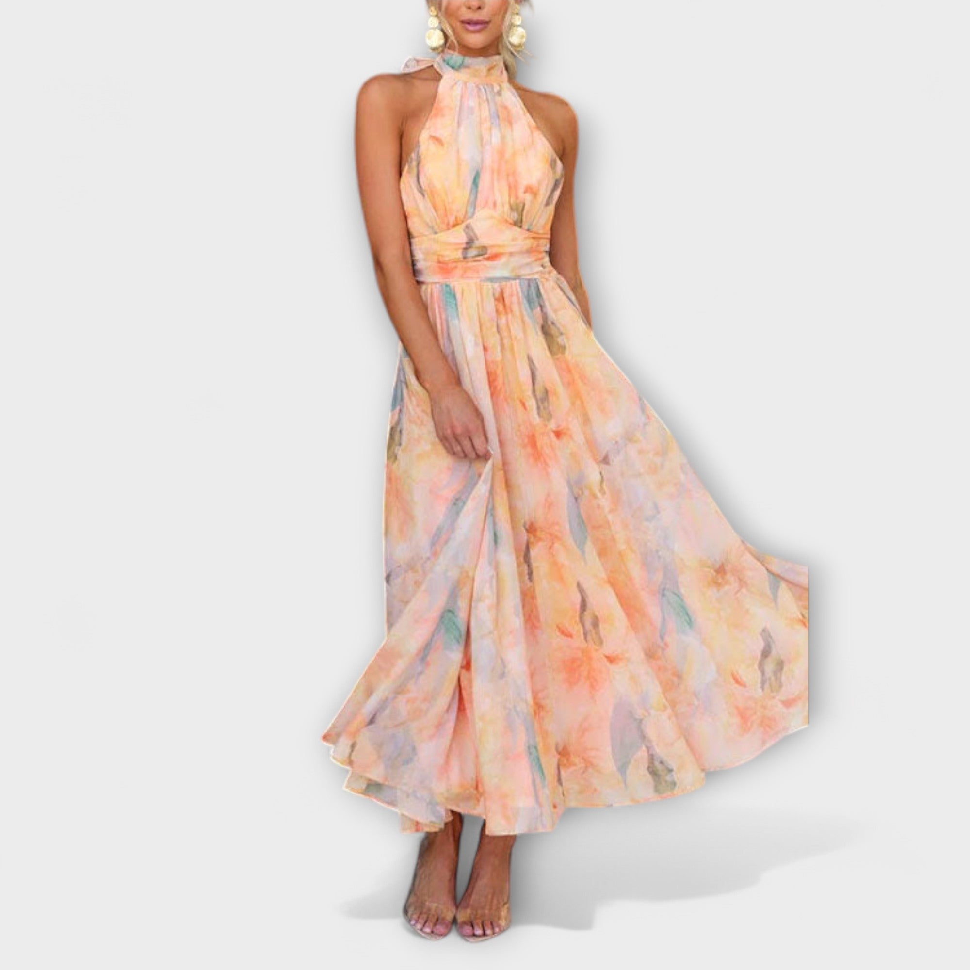 Halter Neck Watercolor Print Maxi Dress