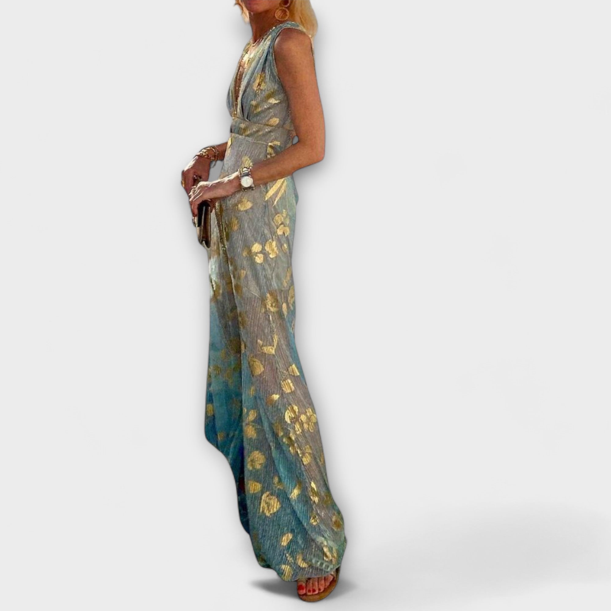 Flowing Dress with V-Neck and Sequin Details