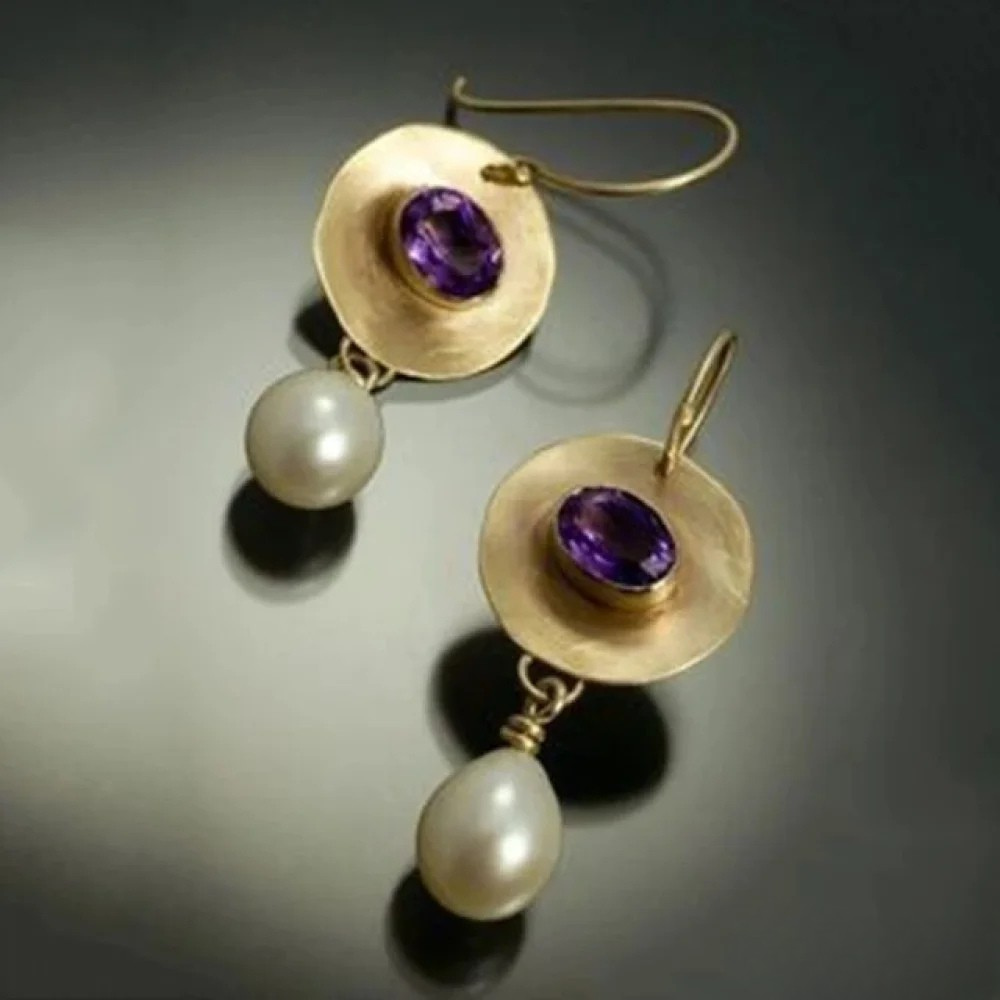 Vintage Golden Earrings with Purple Zirconia and Pearls