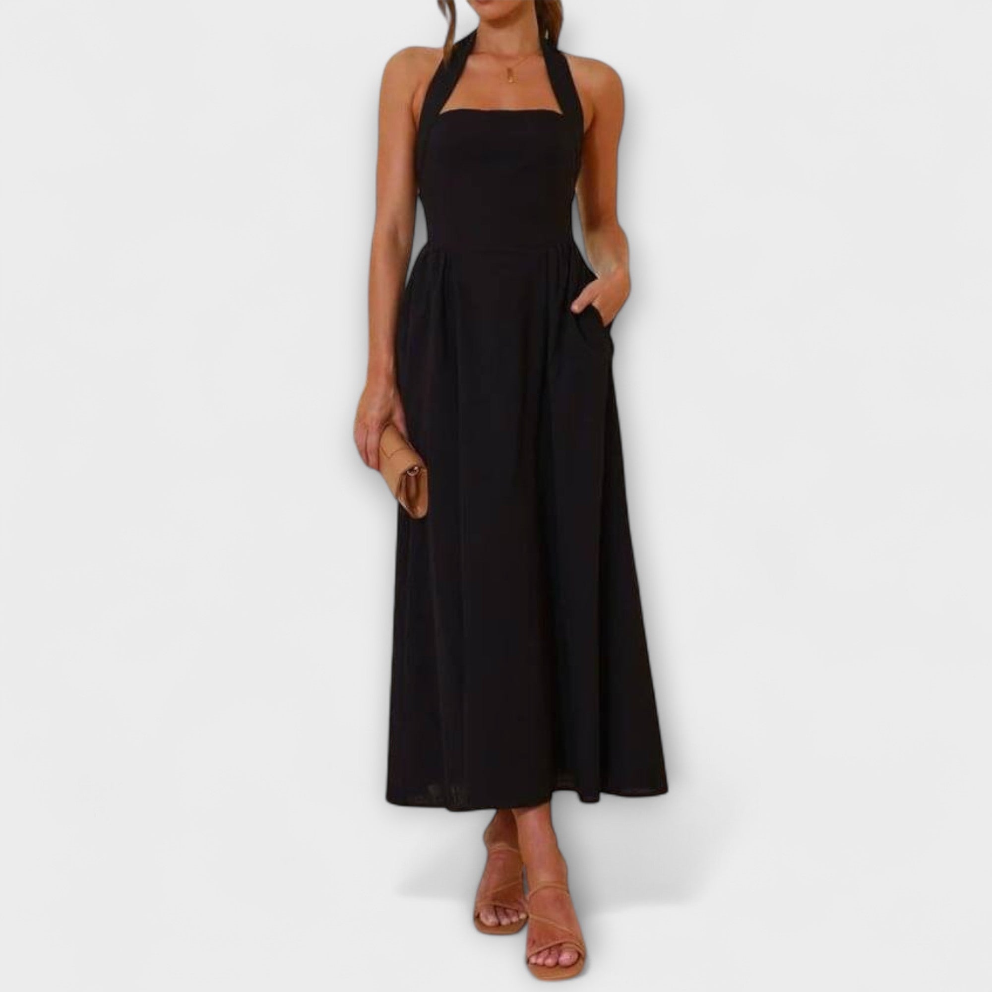 Lydia - Black Midi Dress with Collar and Waist Detail