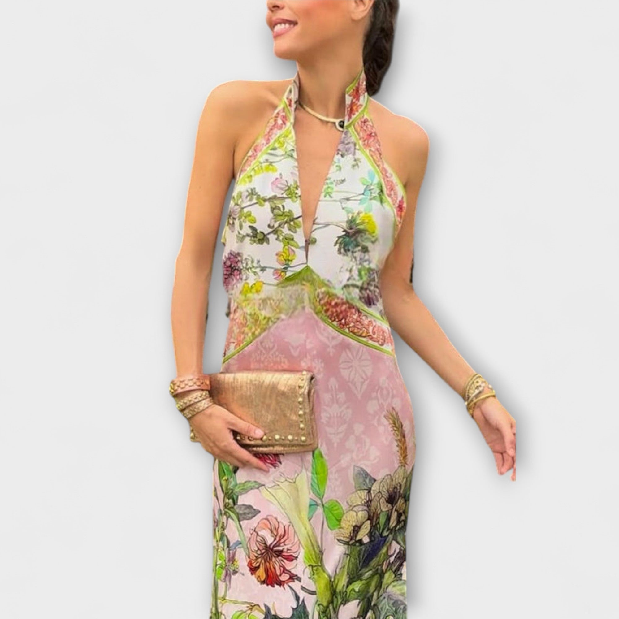 Ayla - Sleeveless Maxi Dress with Floral Pattern and Open Back