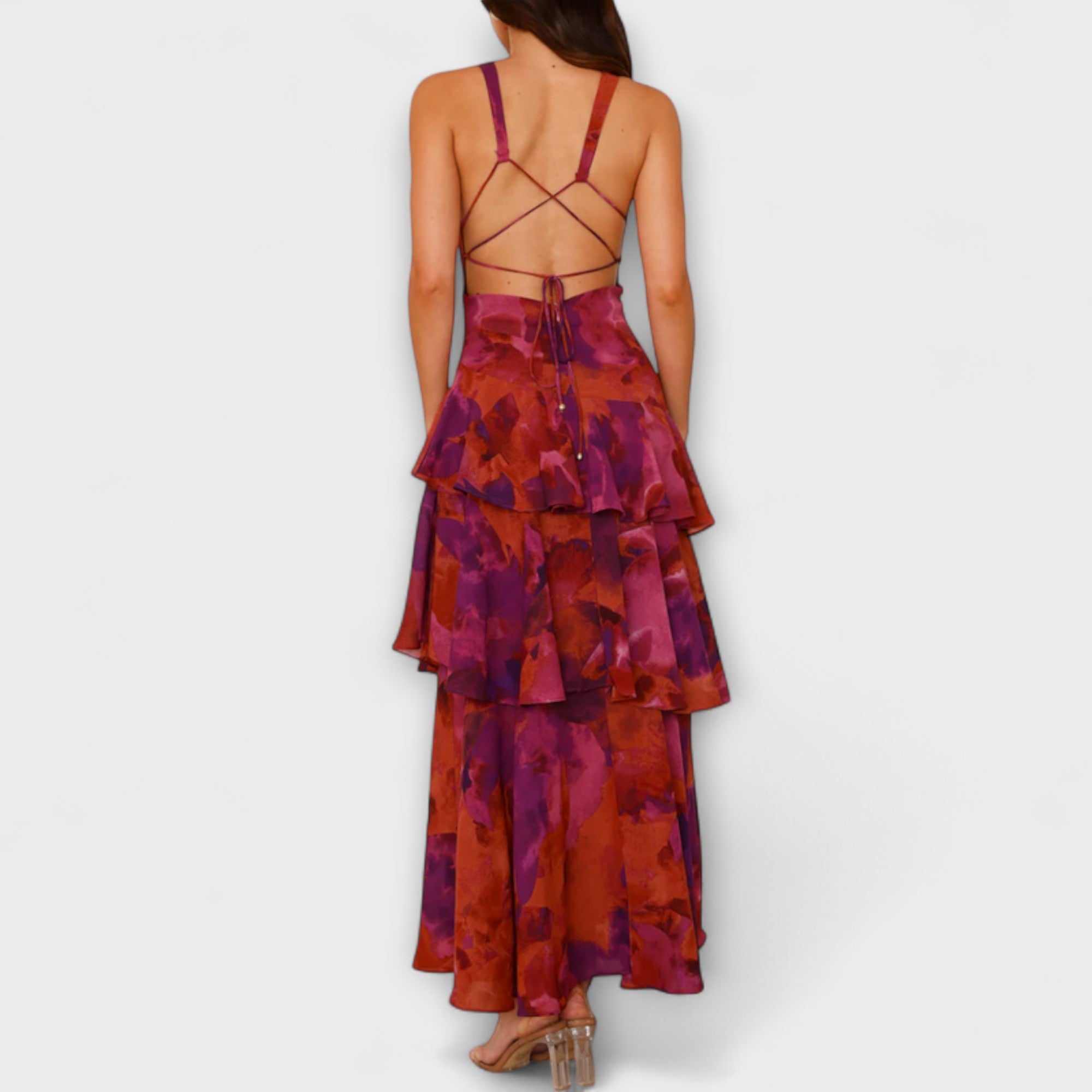 Domenica - Chiffon Dress with V-Neck and Flowing Layers