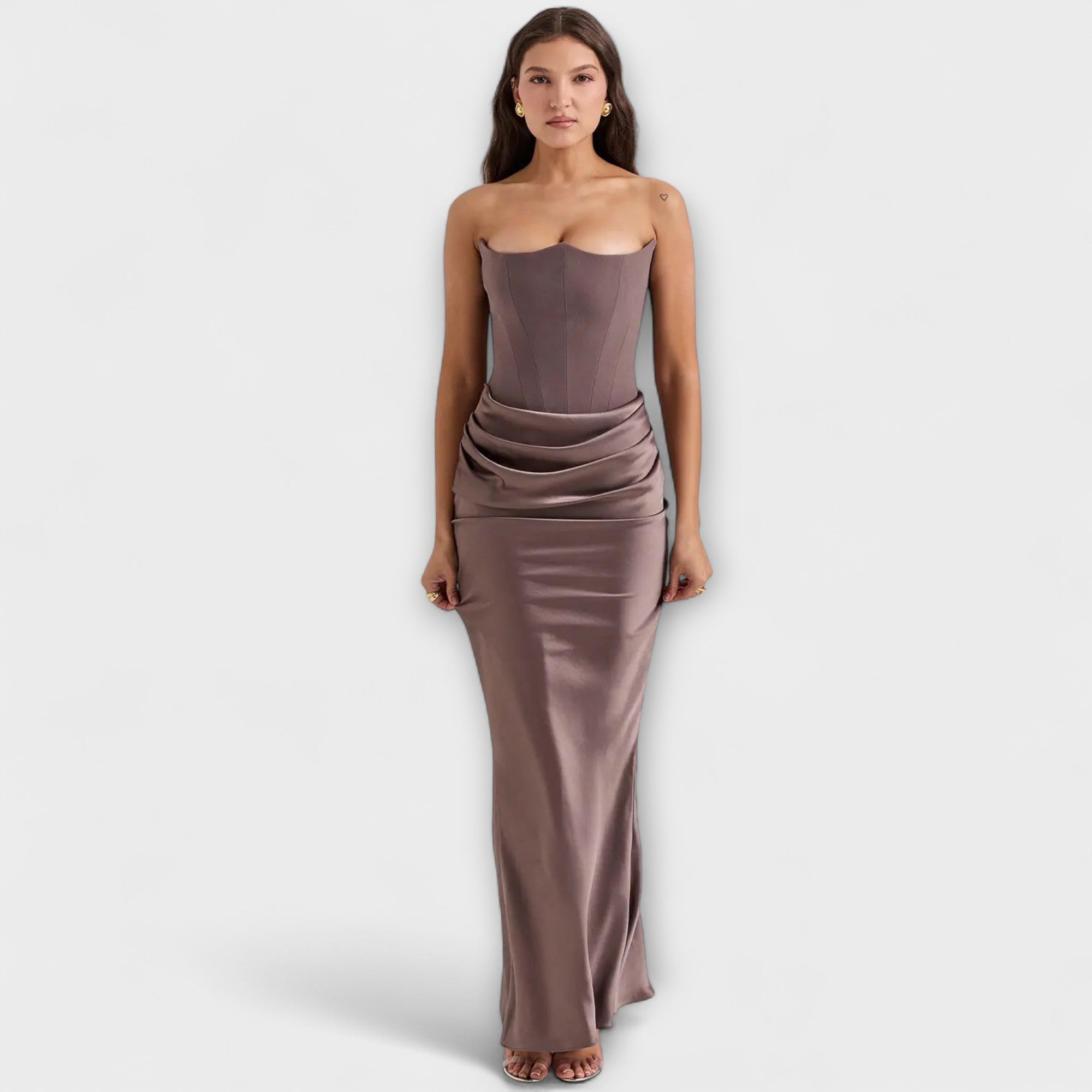 Off-Shoulder Satin Maxi Dress with Draping