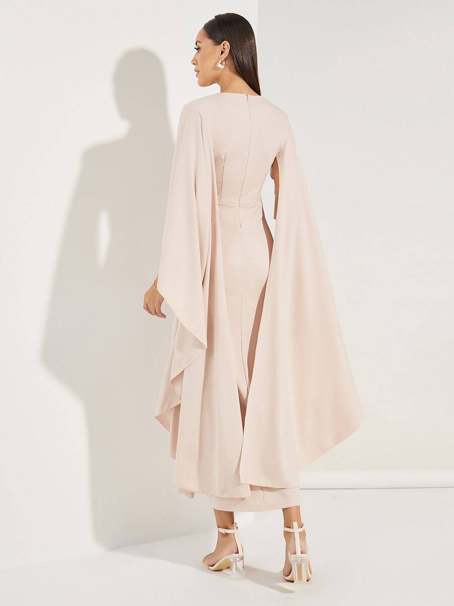 Rachel - Light Pink Midi Dress with V-Neck and Chiffon Sleeves