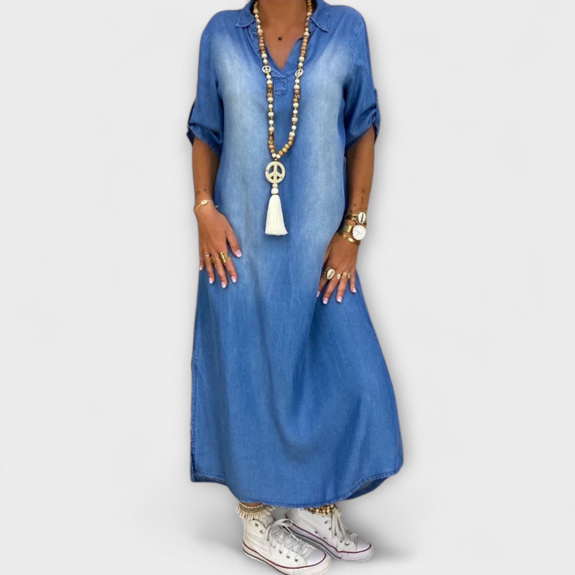 Lea - Long Denim-Look Dress with Side Slit