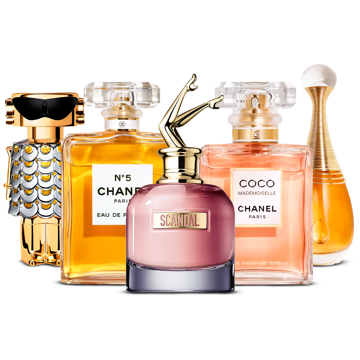 Combination of 5 Women's Perfumes – Fame, Chanel No. 5, Scandal, Coco Mademoiselle, and J'adore [each 100 ml]