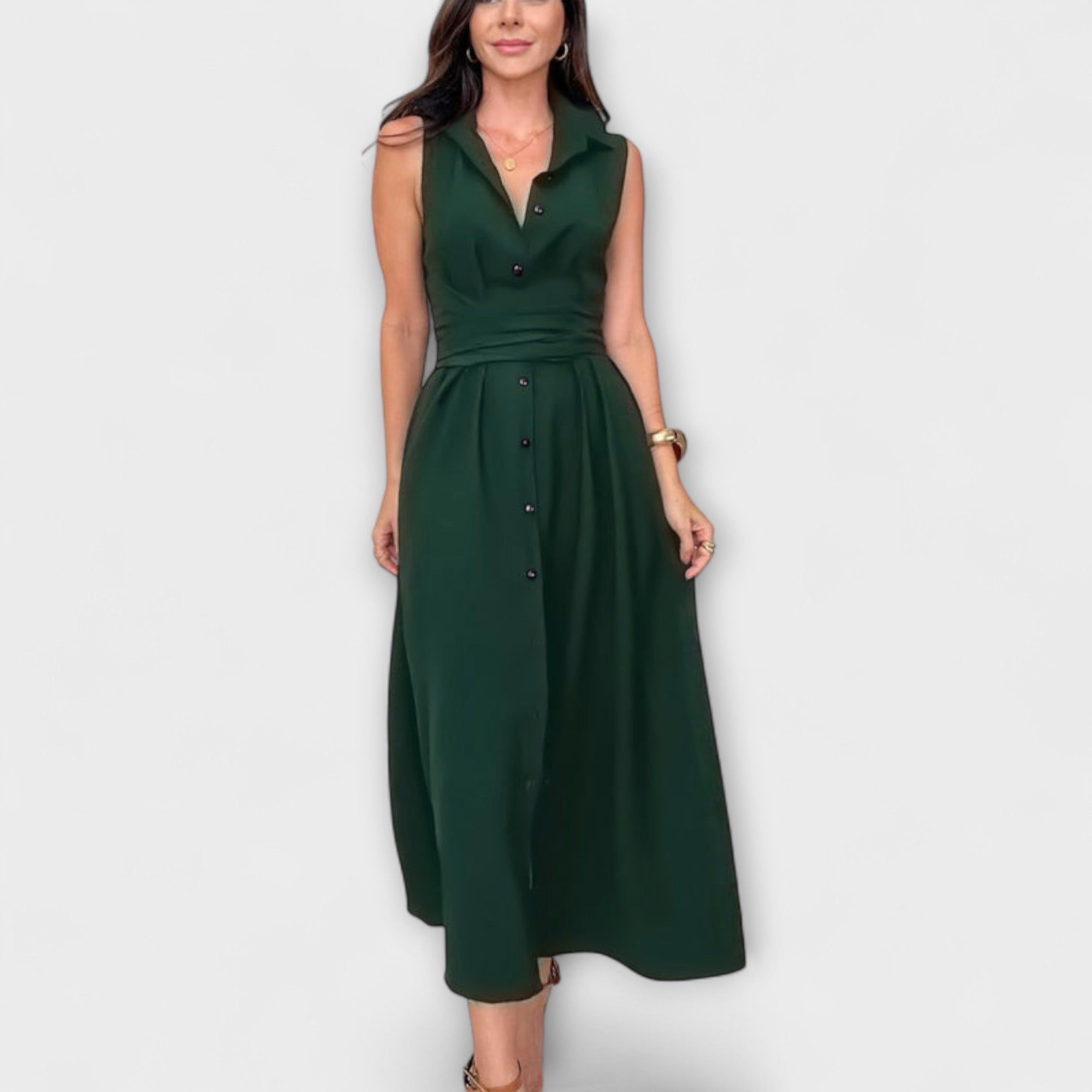Mira - Eye-catching, single-breasted midi dress with tie belt