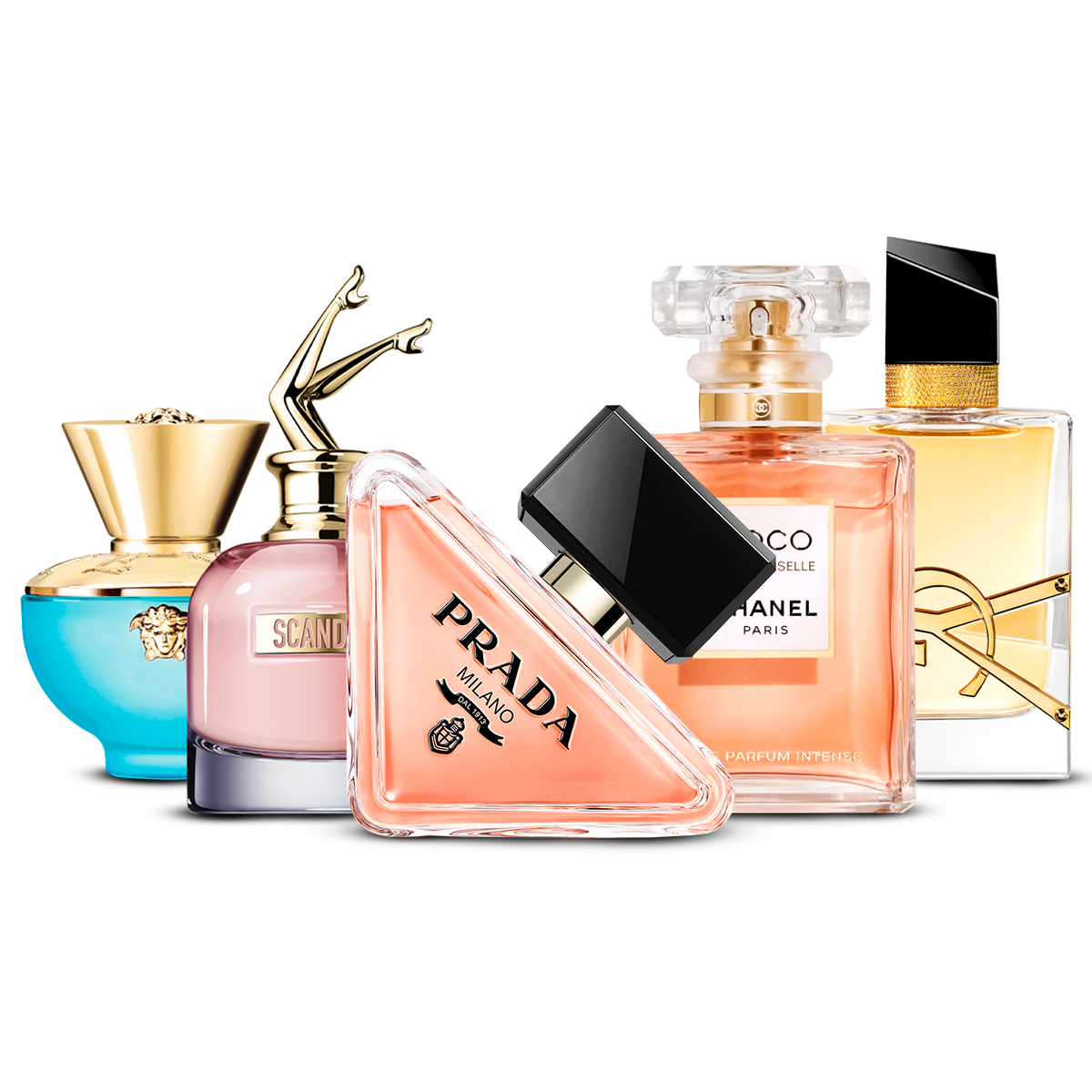 Combination of 5 Women's Perfumes – Versace Dylan Turquoise, Scandal, Prada Paradoxe, Coco Mademoiselle, and Yves Saint Laurent Libre [100 ml each]