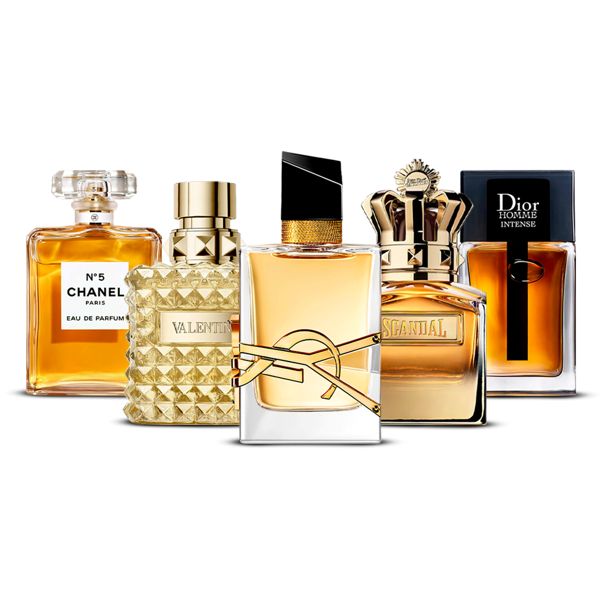 Combination of 5 Perfumes – Chanel Nº5, Valentino Uomo, Yves Saint Laurent Libre, Scandal Pour Homme, and Dior Homme Intense [100 ml each]
