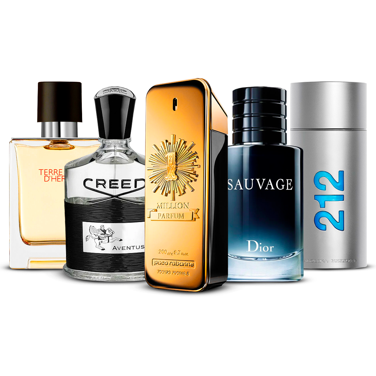 Combination of 5 Men's Fragrances – Terre d'Hermès, Creed Aventus, 1 Million, Sauvage, and 212 Men [each 100 ml]