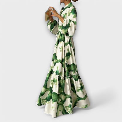 Melina - Green Maxi Dress with Long Sleeves and V-Neck
