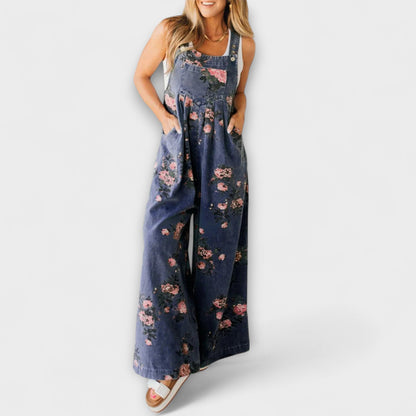Bethany - Floral Pattern Wide Denim Overalls