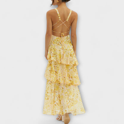 Domenica - Chiffon Dress with V-Neck and Flowing Layers